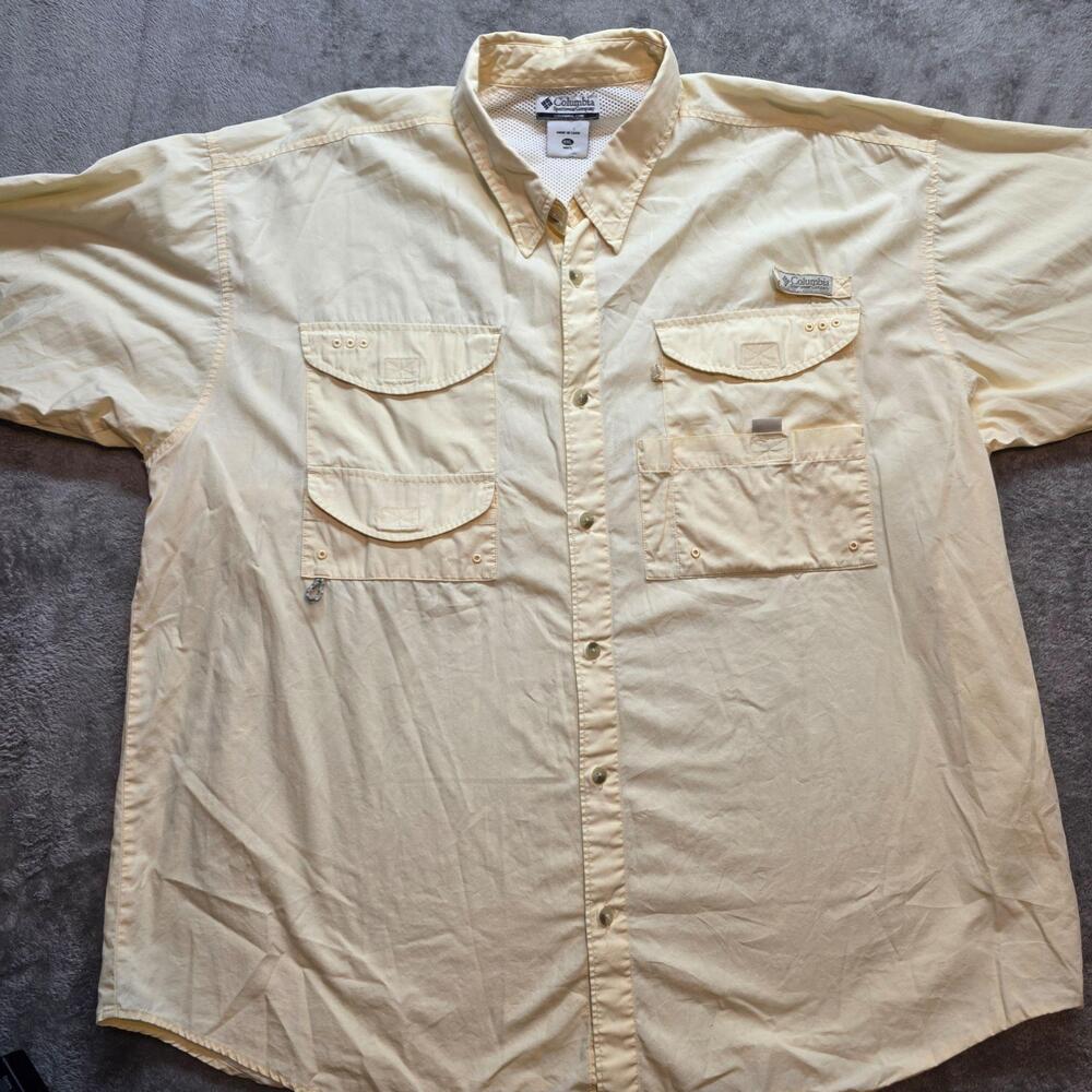 Columbia PFG Button Up Shirt Mens 2XL Yellow Short Sleeve Fishing Vented Outdoor